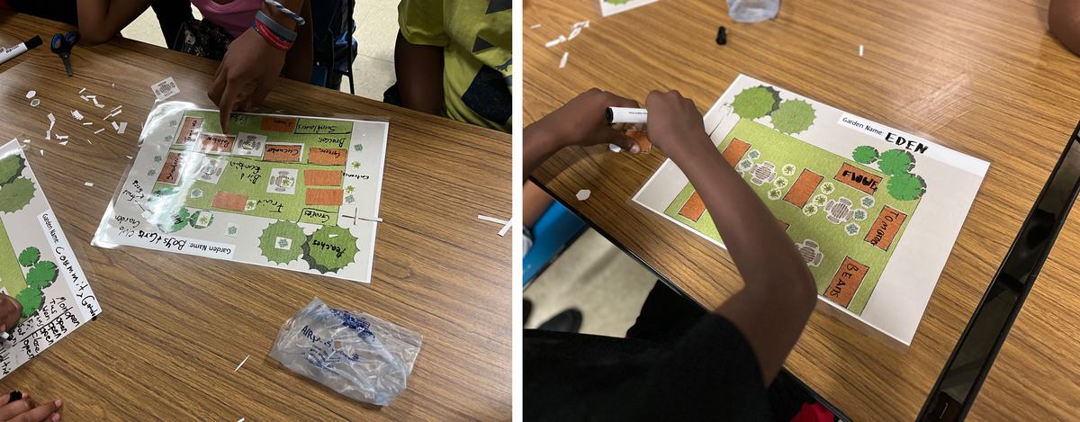 Children arranging and labeling paper garden layout templates on a classroom table