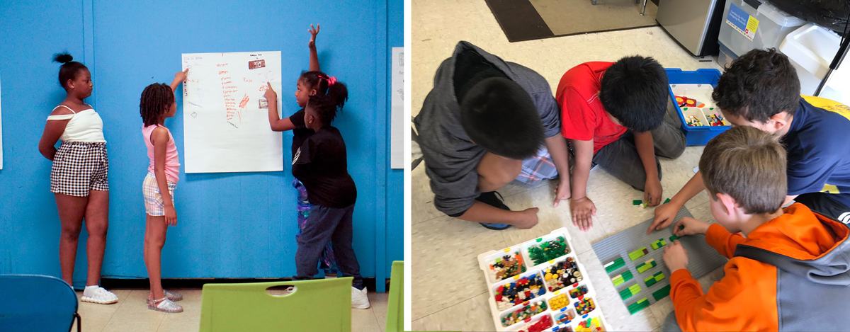 Children at left pointing to a poster on a blue wall; children at right building with LEGO blocks.