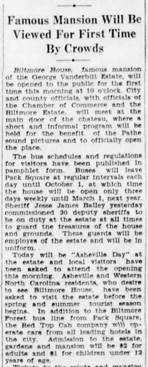 Newspaper Article of the Initial Opening of the Biltmore House to the Public
