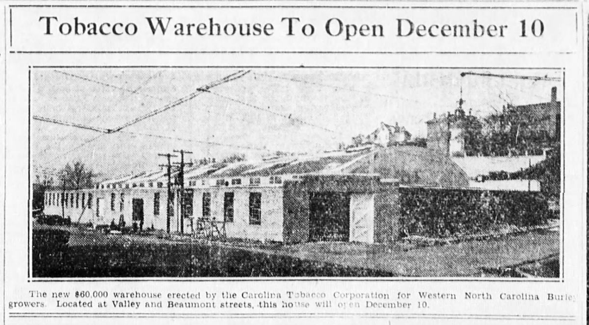 Newspaper photo of the new Tobacco Warehouse in 1930.
