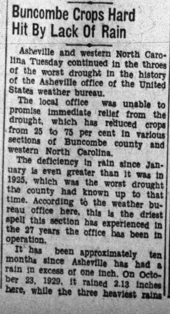 Newspaper article about worst drought in Asheville in 1930.