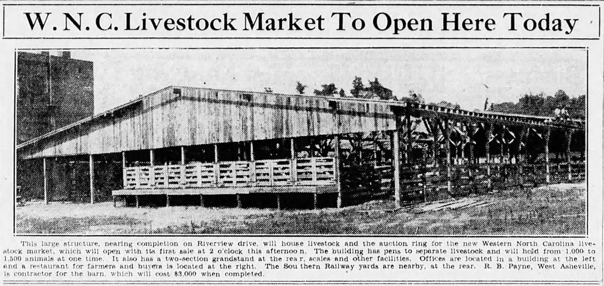 Newspaper photograph of the WNC Livestock Market when it was new in 1933. 