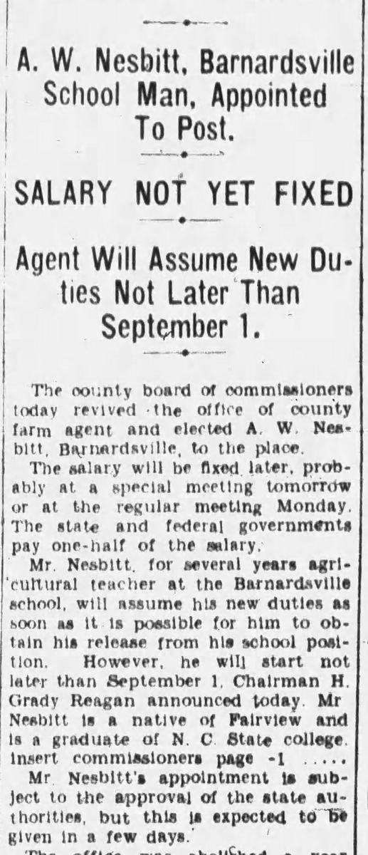 Newspaper article of A.W. Nesbitt being appointed Buncombe County Farm Agent in 1934.