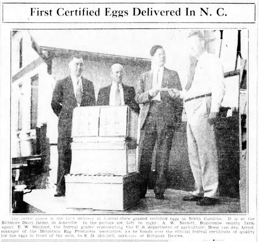 Newspaper photo of first certified eggs delivered in North Carolina in 1937.