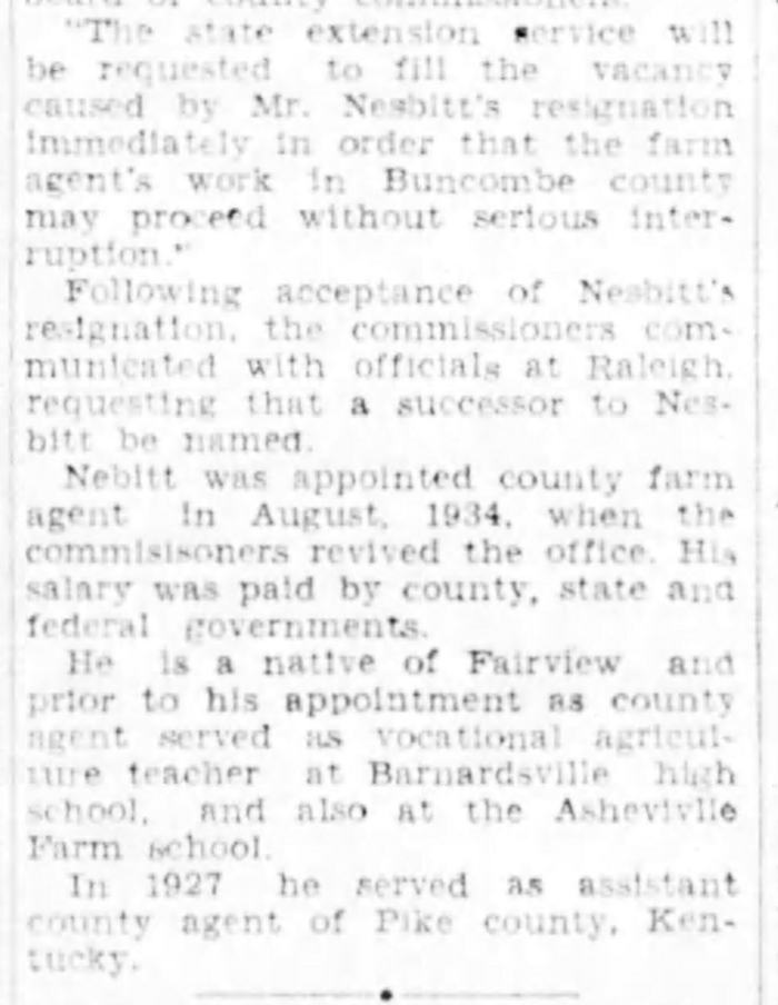 Newspaper article about A.W. Nesbitt, Buncombe County Farm Agent, resigning from his position in 1937.