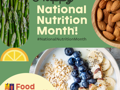 Happy National Nutrition Month! #NationalNutritionMonth — asparagus, almonds, yogurt bowl with blueberries, banana, oats