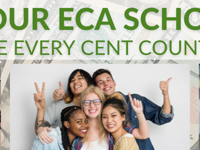 Banner reading "APPLY FOR OUR ECA SCHOLARSHIP" and "BECAUSE EVERY CENT COUNTS!" with student groups