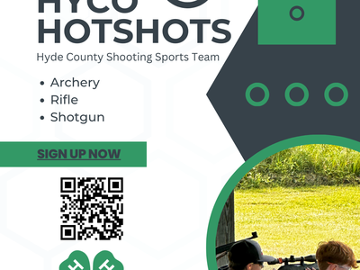 HYCO HOTSHOTS flyer: Hyde County Shooting Sports Team — Archery, Rifle, Shotgun; youths aim rifle.
