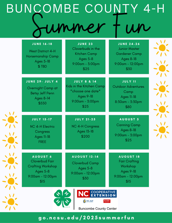 Buncombe County 4-H Summer Fun calendar of youth camps and dates; link go.ncsu.edu/2025summerfun