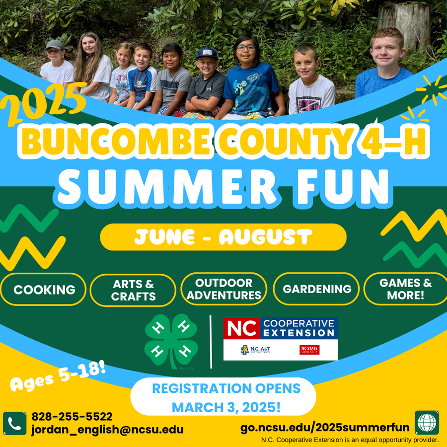 Buncombe County 4-H Summer Fun flyer — June–August; registration opens March 3, 2025; kids seated