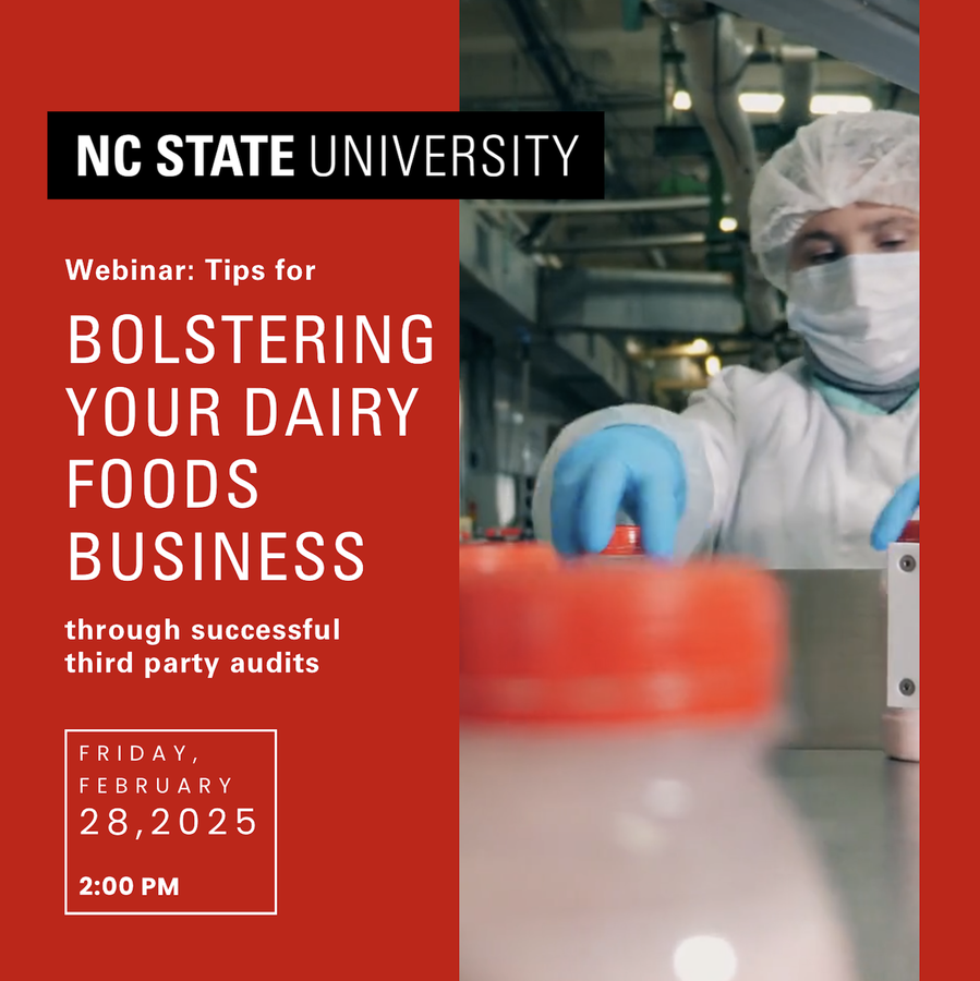 NC State webinar: Bolstering Dairy Foods Business; worker in PPE with bottles — Feb 28, 2025 2 PM