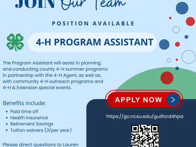 "Join our team, position available, 4-h program assistant, The Program Assistant will assist in planning and conducting county 4-H summer programs in partnership with the 4-H Agent, as well as, with community 4-H outreach programs and 4-H & Extension spec
