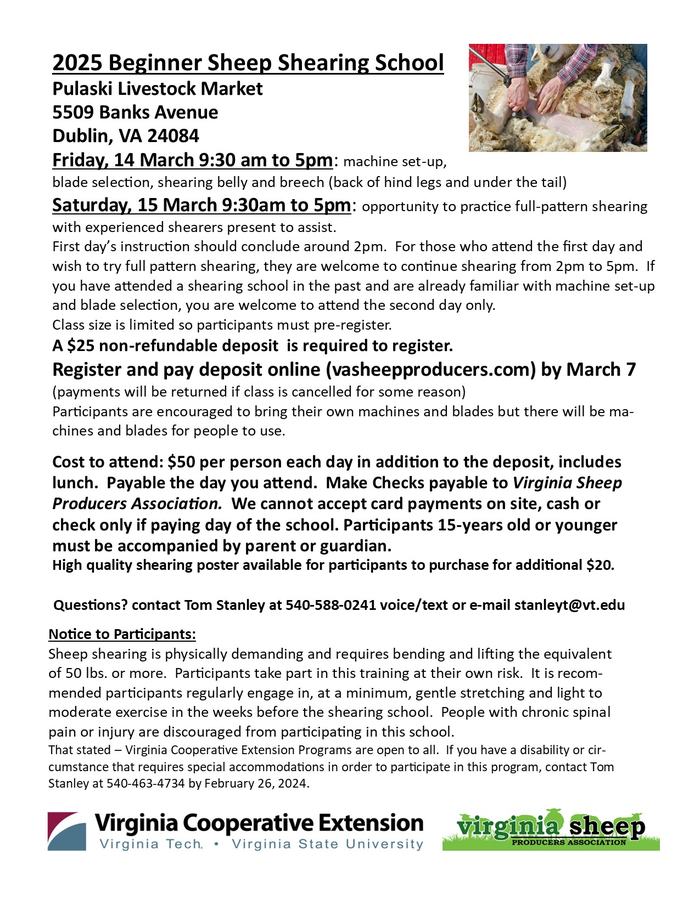 2025 Beginner Sheep Shearing School flyer with schedule, location, and registration info
