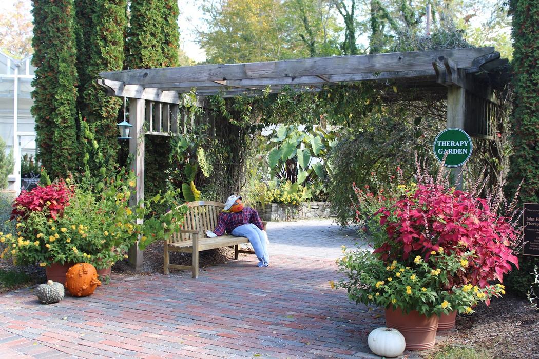 Pergola with bench, seated scarecrow figure, pumpkins, and sign reading "THERAPY GARDEN"