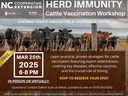 Herd of cattle behind fence; text: HERD IMMUNITY workshop — Mar 25, 2025, 6–8 PM, Free