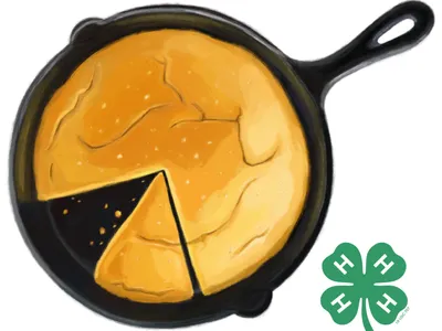 Cast-iron skillet with baked cornbread and one wedge removed; 4‑H clover logo