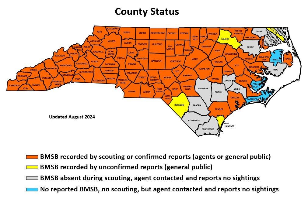 Map showing North Carolina counties with confirmed brown marmorated stink bug presence