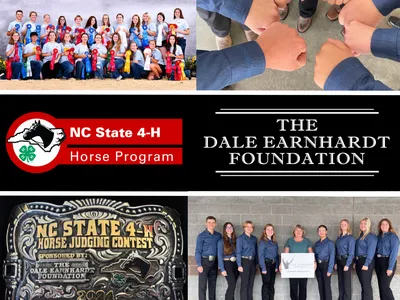 Collage: NC State 4‑H horse team with ribbons, team fist bump and Dale Earnhardt Foundation logo