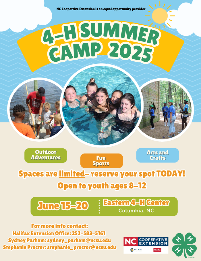 4-H Summer Camp 2025 banner; June 15–20 at Eastern 4-H Center, Columbia, NC