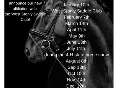 Image of a black horse on a black background with club meeting dates written in the foreground