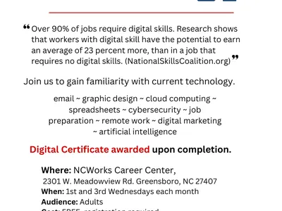 digital literacy flyer with a graphic of a computer with a book placed in front of it