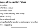 Causes of Inoculation Failure — bulleted list of causes (e.g., old product, chlorinated water, shallow planting)