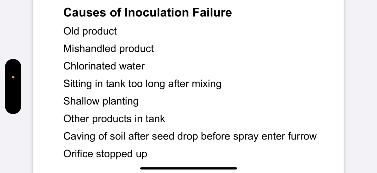 Causes of Inoculation Failure — bulleted list of causes (e.g., old product, chlorinated water, shallow planting)
