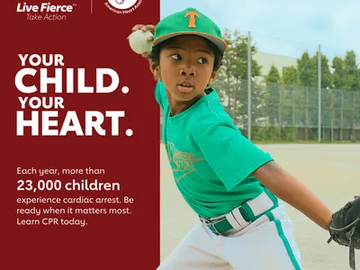 Young boy pitcher preparing to throw; text: "YOUR CHILD. YOUR HEART." and "23,000 children"