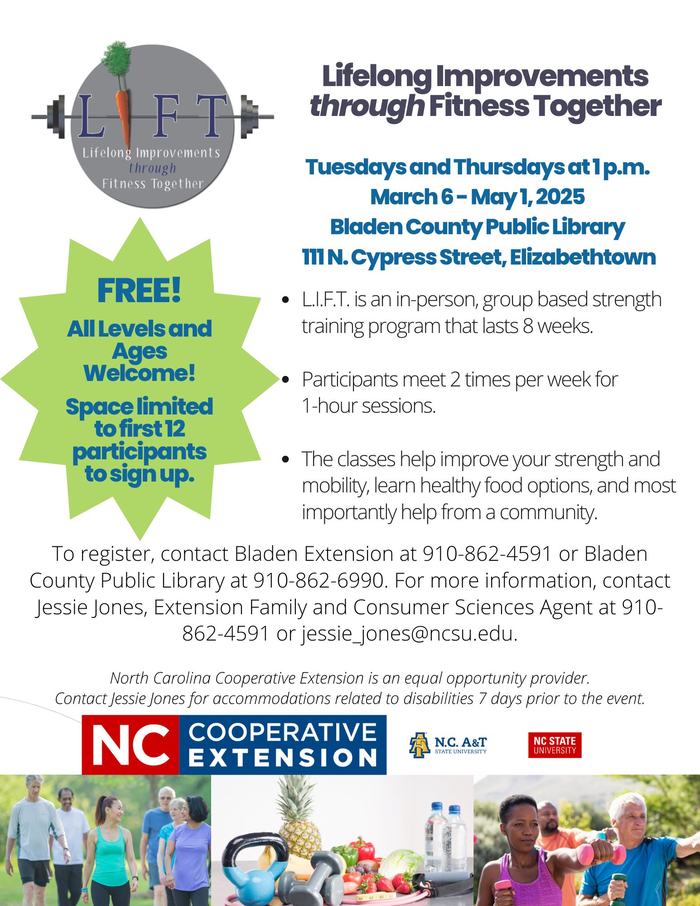 L.I.F.T. free 8-week strength program, Tue/Thu 1pm Mar 6–May 1, 2025, Bladen County Public Library