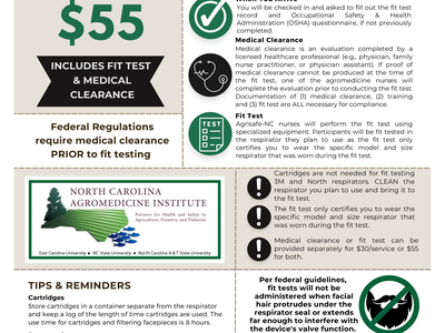 FIT TESTING flyer: $55 includes fit test & medical clearance; respirator fit test info