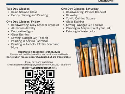 flyer with pencils describing the Northeaster NC 2025 Craft Workshop on May 2 & 3
