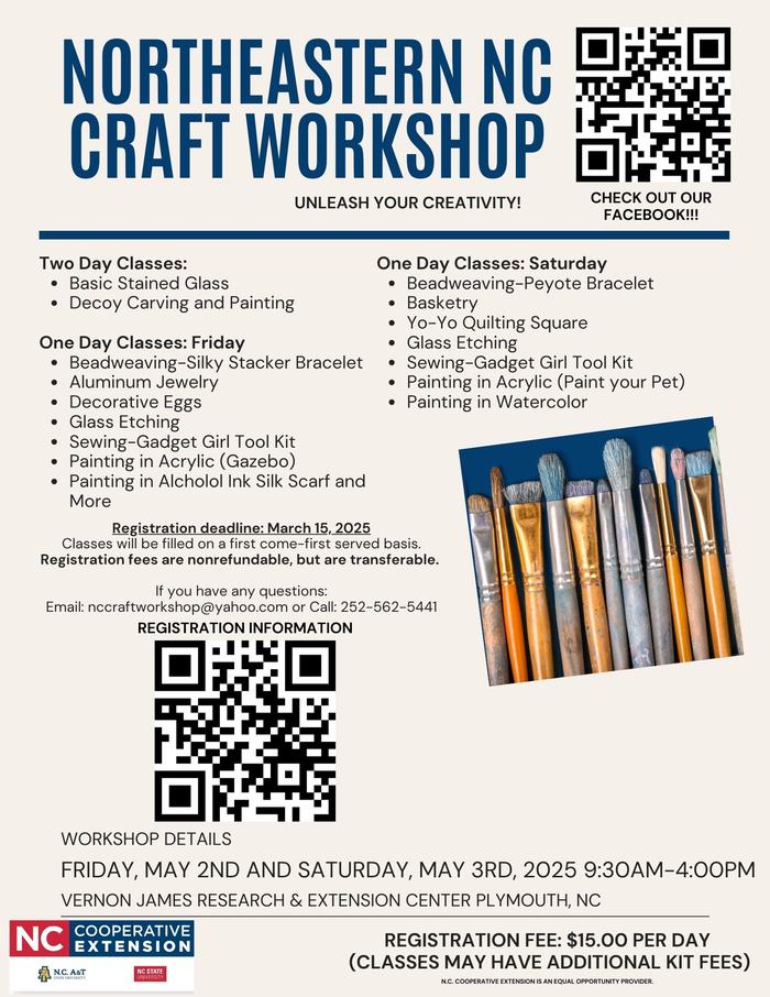 flyer with pencils describing the Northeaster NC 2025 Craft Workshop on May 2 & 3