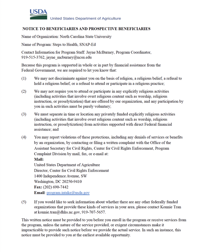 USDA notice titled "NOTICE TO BENEFICIARIES AND PROSPECTIVE BENEFICIARIES" (NC State, Steps to Health SNAP-Ed)