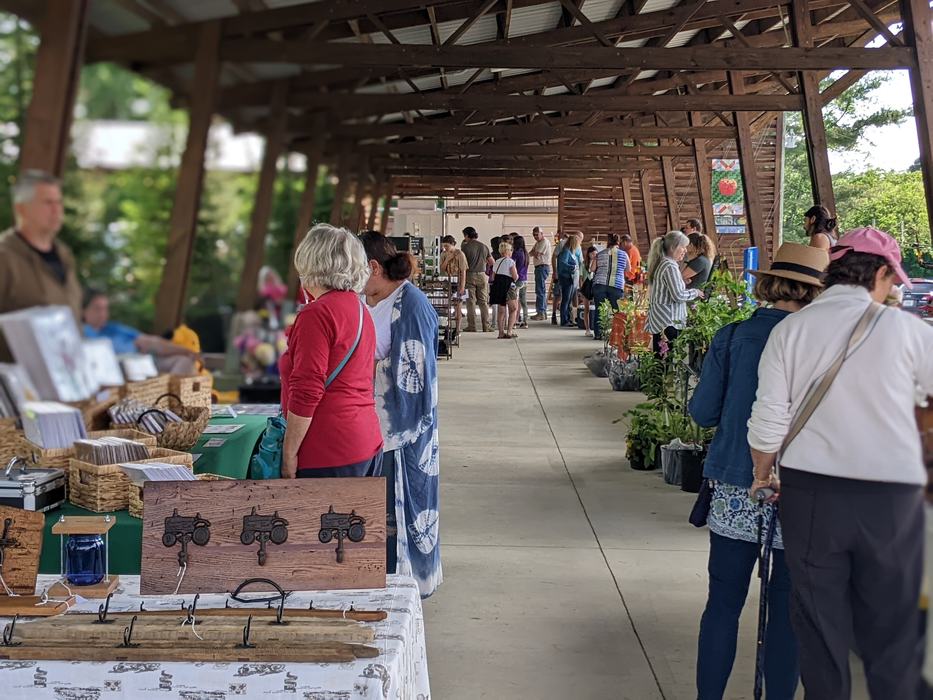 Covered outdoor market aisle with people browsing vendor tables and plants.