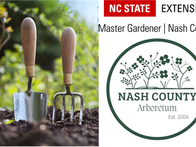 Trowel and hand fork in soil; Nash County Arboretum logo and "NC STATE EXTENSION"