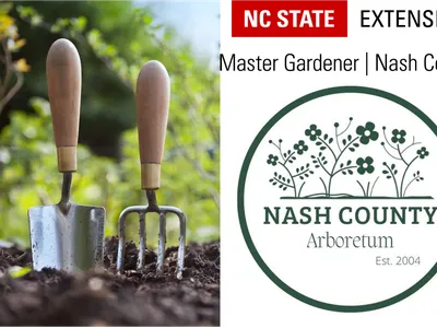 Trowel and hand fork in soil; Nash County Arboretum logo and "NC STATE EXTENSION"