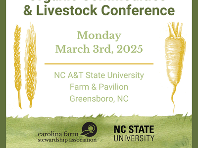 Organic Commodities & Livestock Conference flyer with green and yellow color theme