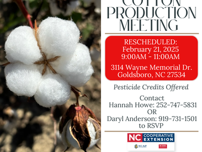 Cotton boll; text: Cotton Production Meeting rescheduled Feb 21, 2025 9–11AM, Goldsboro