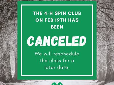 Green notice: THE 4-H SPIN CLUB ON FEB 19TH HAS BEEN CANCELED. We will reschedule.