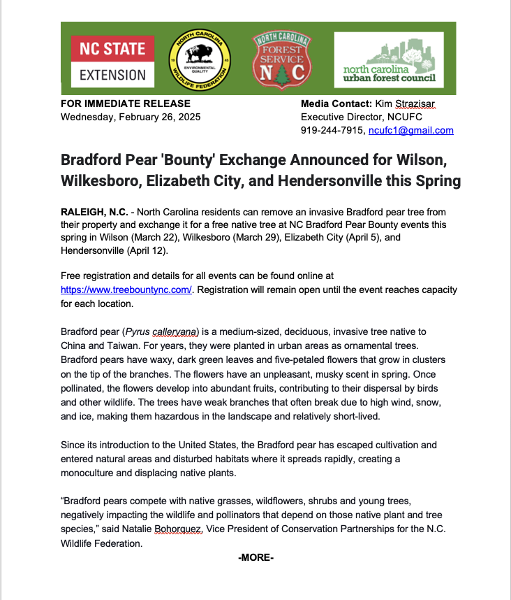 Press release: Bradford Pear "Bounty" Exchange announced for four NC cities