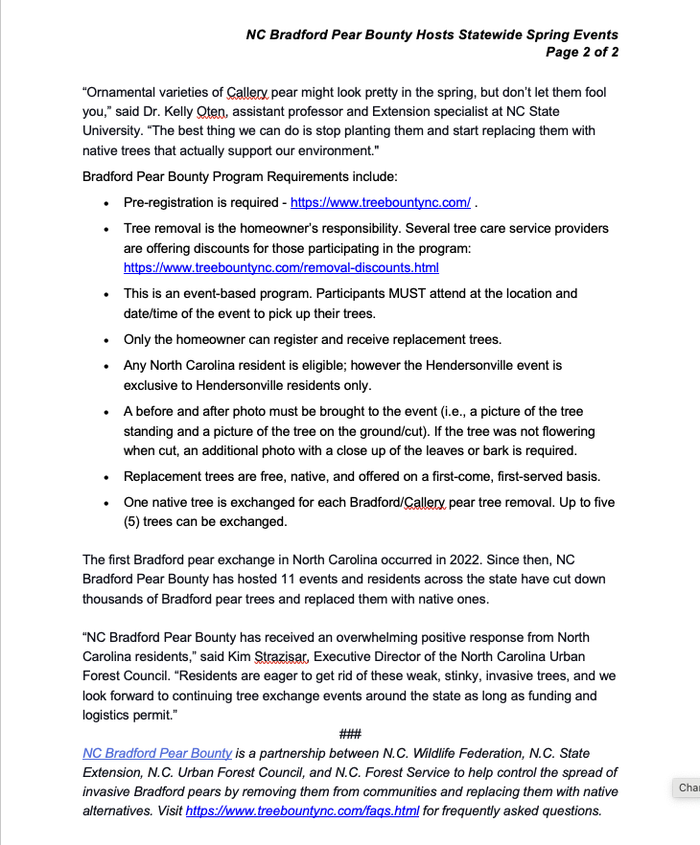 NC Bradford Pear Bounty Hosts Statewide Spring Events, Page 2 — program requirements and links