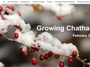 Snow-covered red berries on branches with text "Growing Chatham February 2025"
