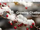 Snow-covered red berries on branches with text "Growing Chatham February 2025"