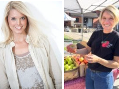 Four portraits: Black woman with glasses, blonde woman, woman sorting apples, man with glasses
