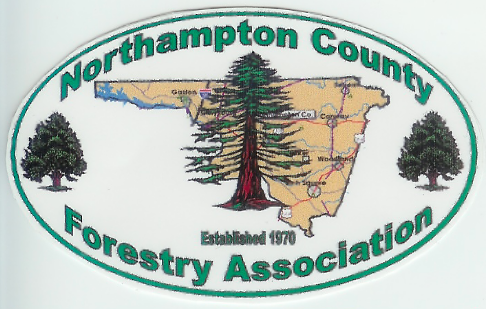 Northampton County Forestry Association oval logo with county map, large tree, Established 1970