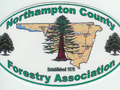 Northampton County Forestry Association oval logo with county map, large tree, Established 1970