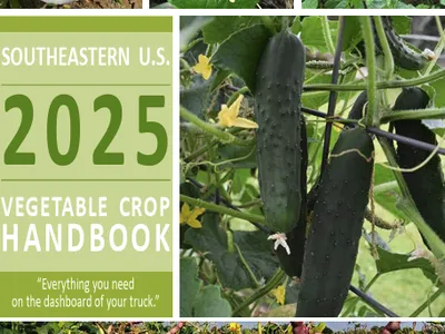 Cover with cucumbers and other vegetables; text "SOUTHEASTERN U.S. 2025 VEGETABLE CROP HANDBOOK"