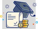 Graduation cap, rolled diploma with checkmark, and stacked coins with dollar sign