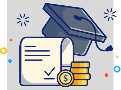 Graduation cap, rolled diploma with checkmark, and stacked coins with dollar sign