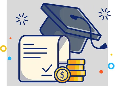 Graduation cap, rolled diploma with checkmark, and stacked coins with dollar sign